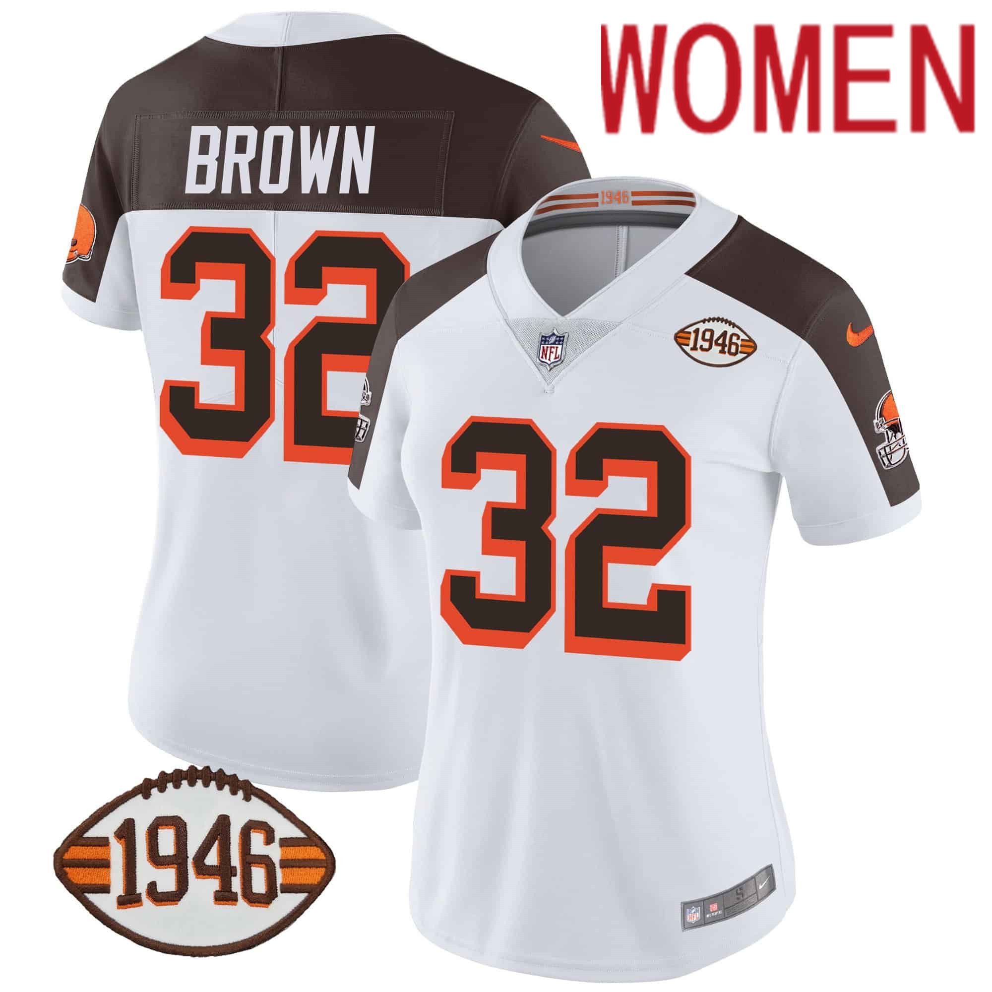 Women Cleveland Browns #32 Brown White 1946 75th Anniversary Patch 2024 Nike NFL Jersey style 1
